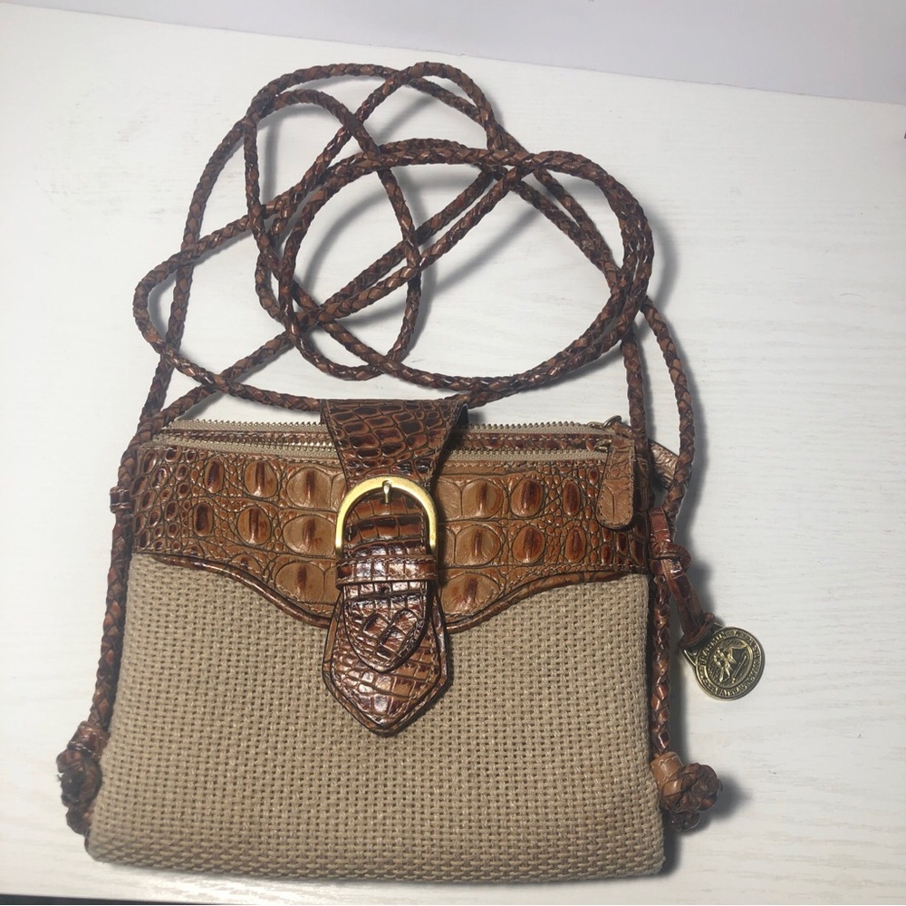 Brahmin Vintage Crossbody Crossbody Bag Beige Canvas Toasted Almond Croc Leather